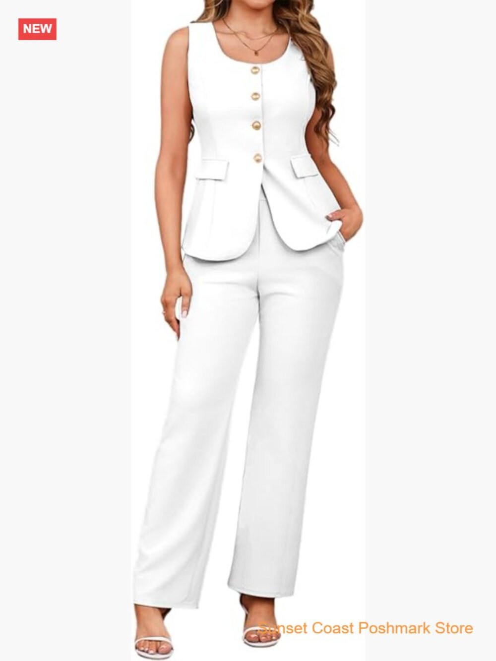 Sleeveless Blazer and Wide Leg Pants Set 2 Piece Outfits Business Casual Suit